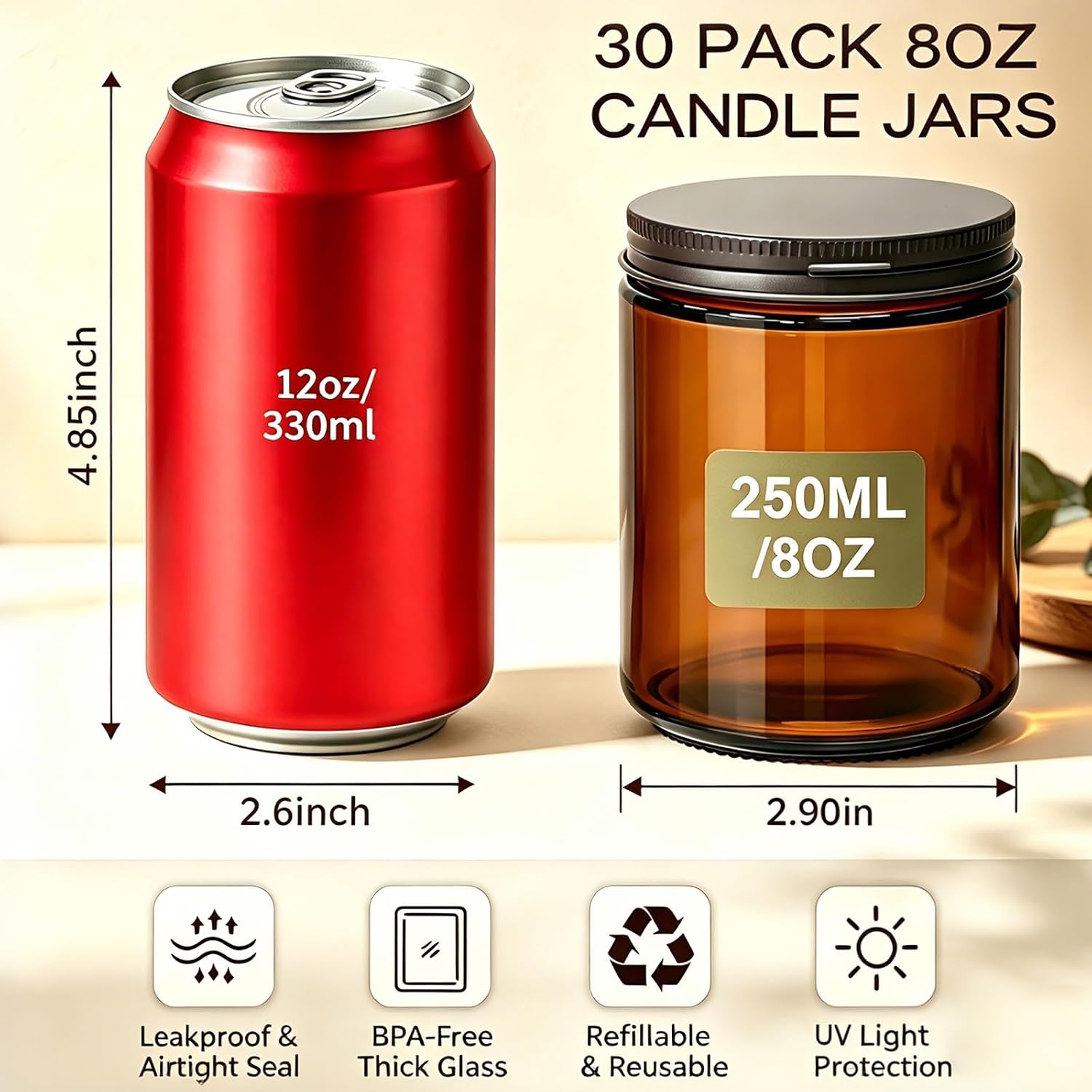 30개입 8온스(250ml) 호박색 유리병, 검정색 뚜 - Amber Jar Candle 리뷰 및 가격